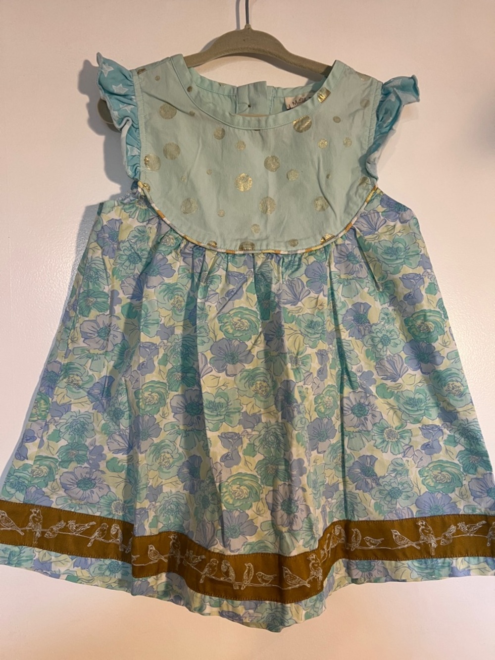 Matilda Jane Mint Blue Floral Dress with Gold Dot Bib and Gold Hem